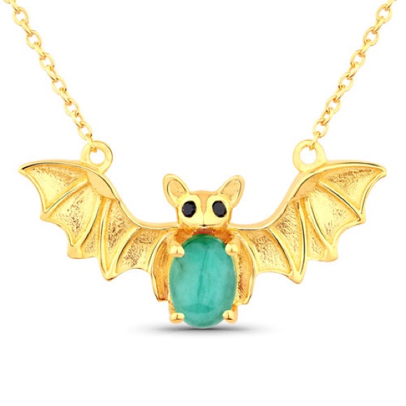 Gold Bat Pendant Necklace With Green Gemstone